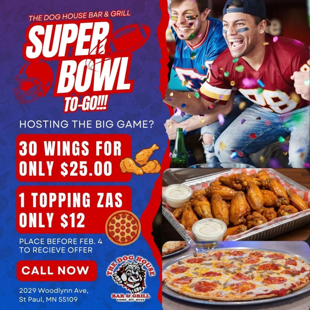 People celebrating for the NFL Super Bowl with Chicken Wings and Pizzas from The Dog House Bar and Grill in maplewood, MN