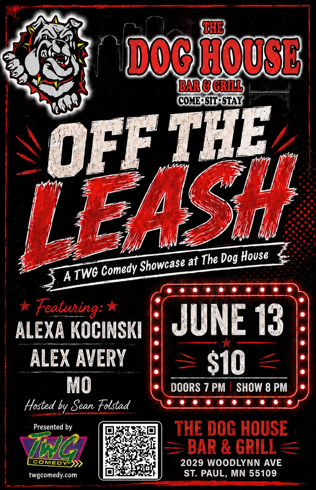 Off The Leash stand-up comedy showcase poster — Saturday June 13 at The Dog House in Maplewood, MN