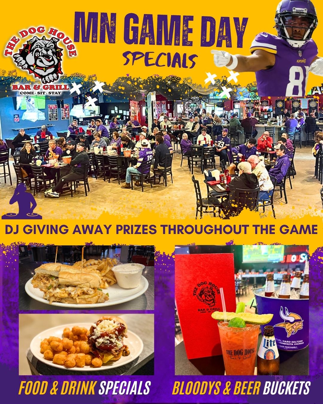 MN Game Day Specials flyer for The Dog House Bar and Grill in Maplewood showing a packed dining room of football fans, food and drink specials