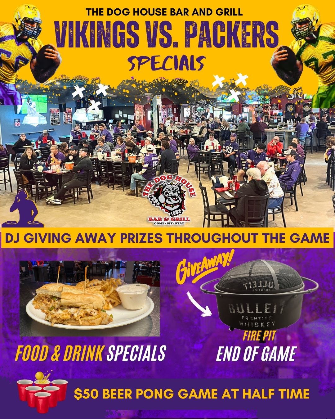 MN Game Day Specials flyer for The Dog House Bar and Grill in Maplewood showing a packed dining room of football fans, food and drink specials and a fire pit giveaway.